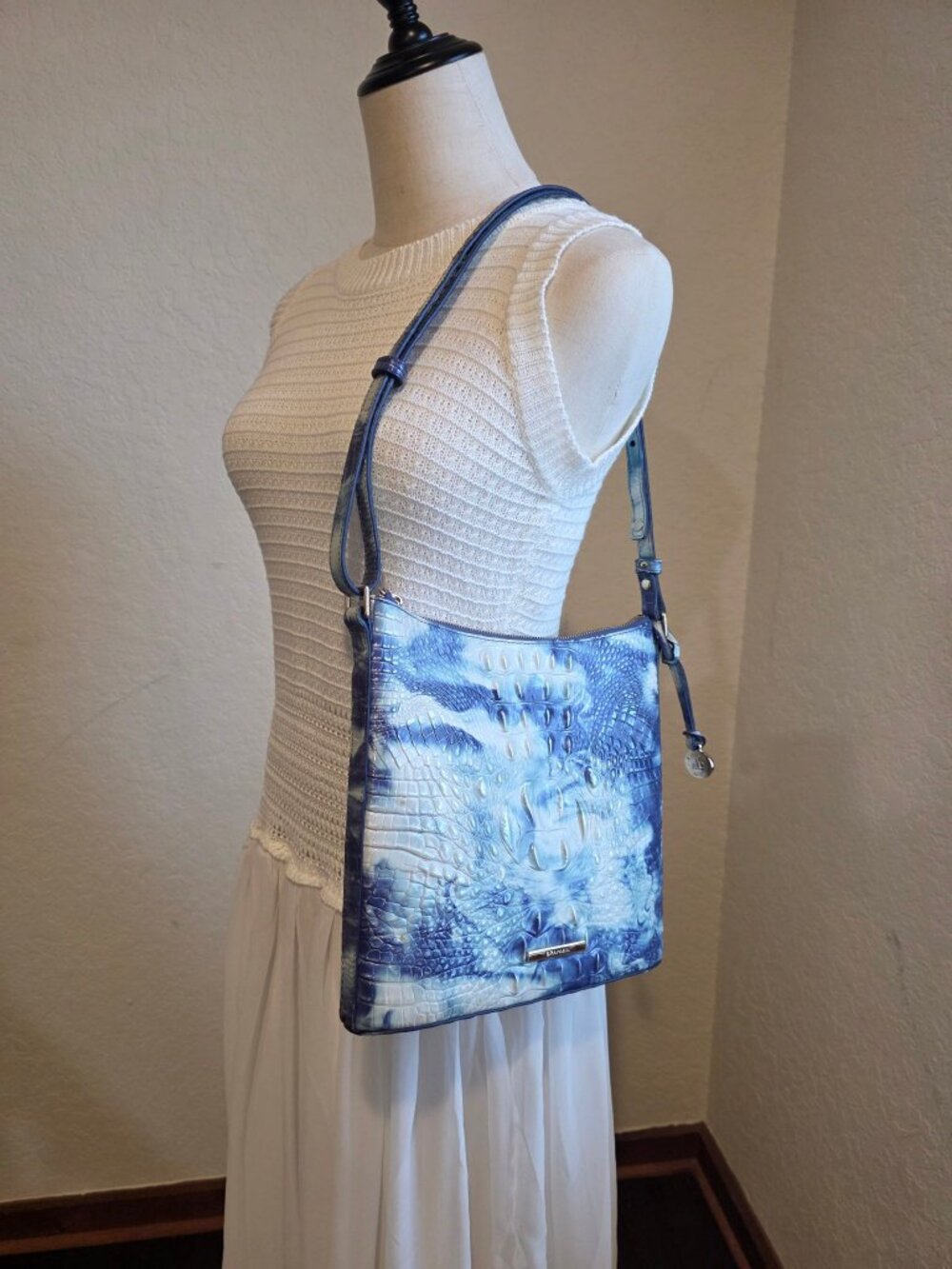 Brahmin Katie Crossbody Bag Chambray Melbourne Blue White Croc Leather